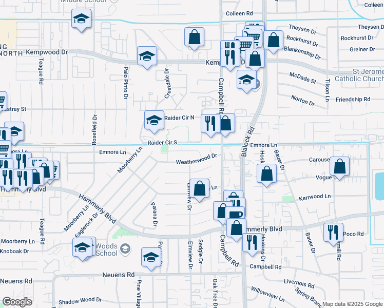 map of restaurants, bars, coffee shops, grocery stores, and more near 9530 Emnora Lane in Houston