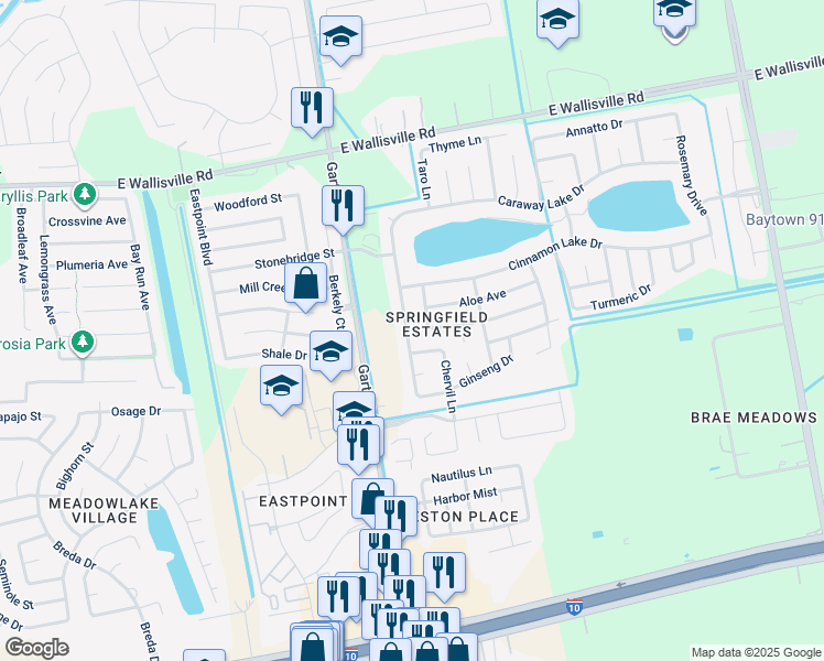 map of restaurants, bars, coffee shops, grocery stores, and more near 8002 Ginger Park Drive in Baytown