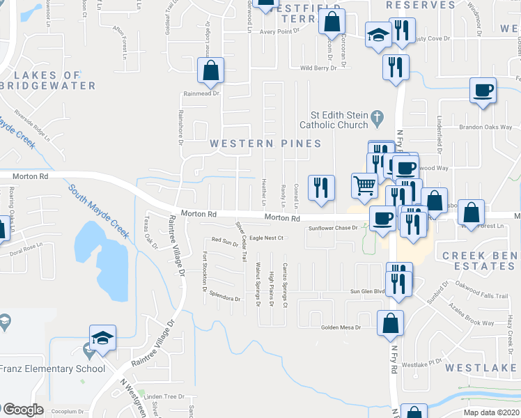 map of restaurants, bars, coffee shops, grocery stores, and more near 3115 Heather Lane in Katy