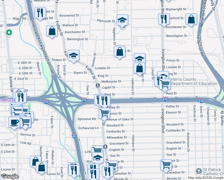 map of restaurants, bars, coffee shops, grocery stores, and more near 220 Caplin Street in Houston