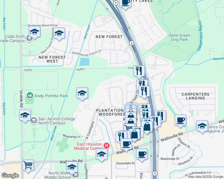 map of restaurants, bars, coffee shops, grocery stores, and more near 15202 Mountain Heights Drive in Houston