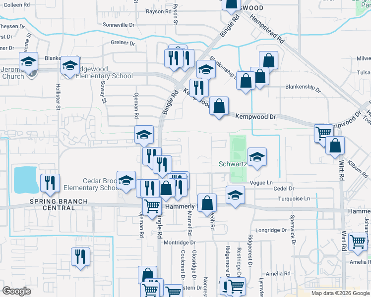 map of restaurants, bars, coffee shops, grocery stores, and more near 2223 A Marnel Road in Houston