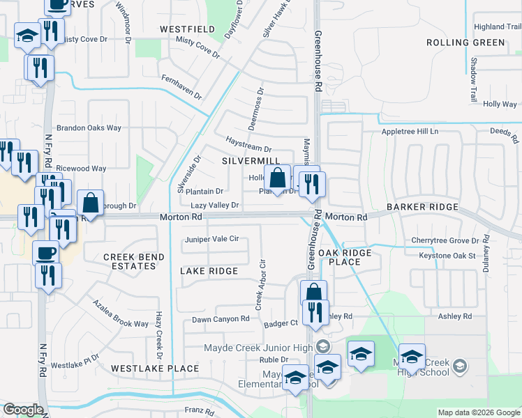 map of restaurants, bars, coffee shops, grocery stores, and more near 19322 Lazy Valley Drive in Katy