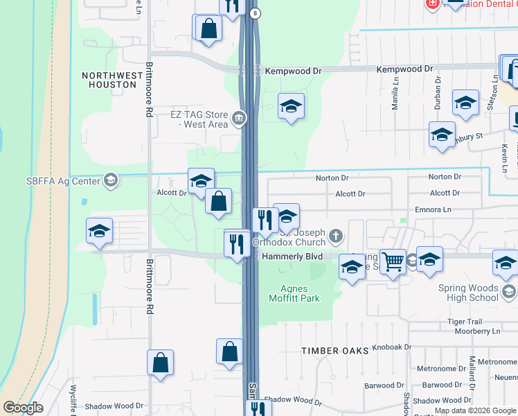 map of restaurants, bars, coffee shops, grocery stores, and more near 2410 West Sam Houston Parkway North in Houston