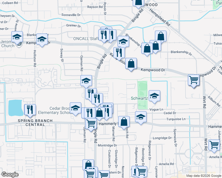 map of restaurants, bars, coffee shops, grocery stores, and more near 2225 Marnel Road in Houston