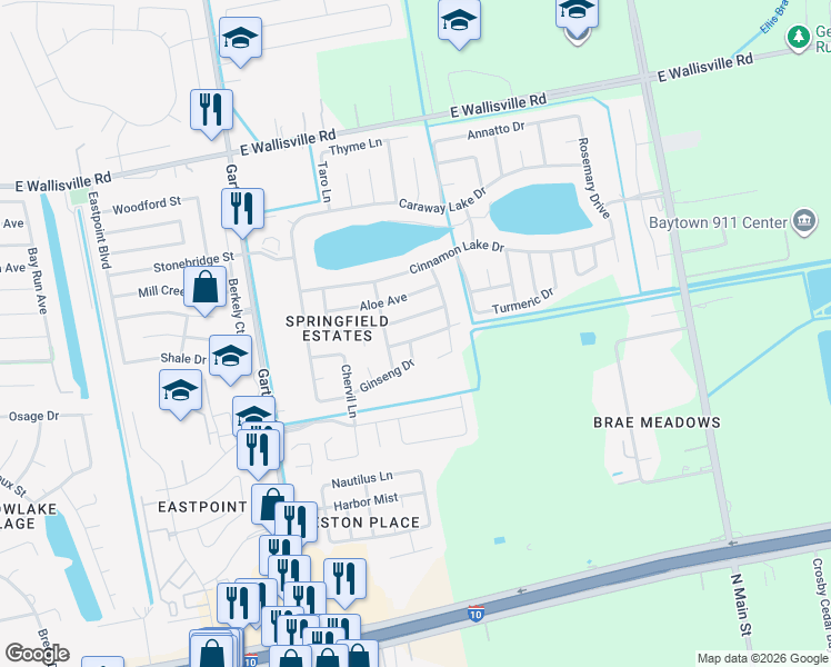 map of restaurants, bars, coffee shops, grocery stores, and more near 5427 Peppercorn Drive in Baytown
