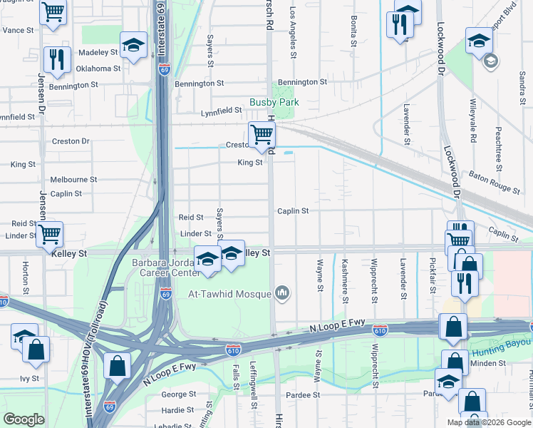 map of restaurants, bars, coffee shops, grocery stores, and more near 4117 Reid Street in Houston