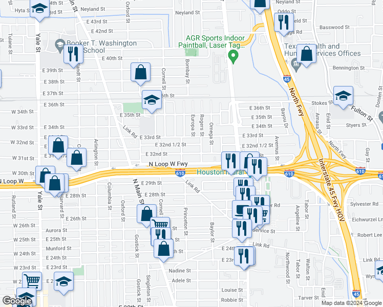 map of restaurants, bars, coffee shops, grocery stores, and more near 917 East 32nd Street in Houston