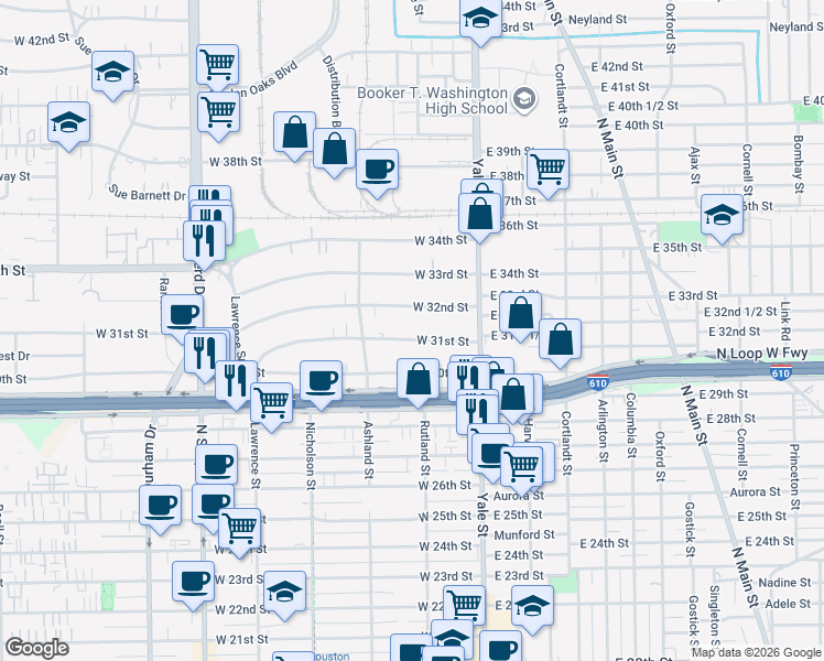 map of restaurants, bars, coffee shops, grocery stores, and more near 236 West 31st Street in Houston