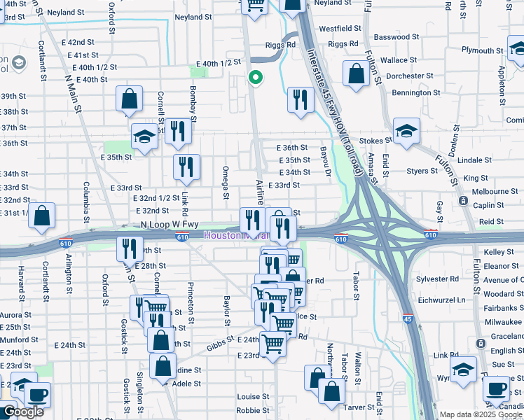 map of restaurants, bars, coffee shops, grocery stores, and more near 1327 East 32nd Street in Houston