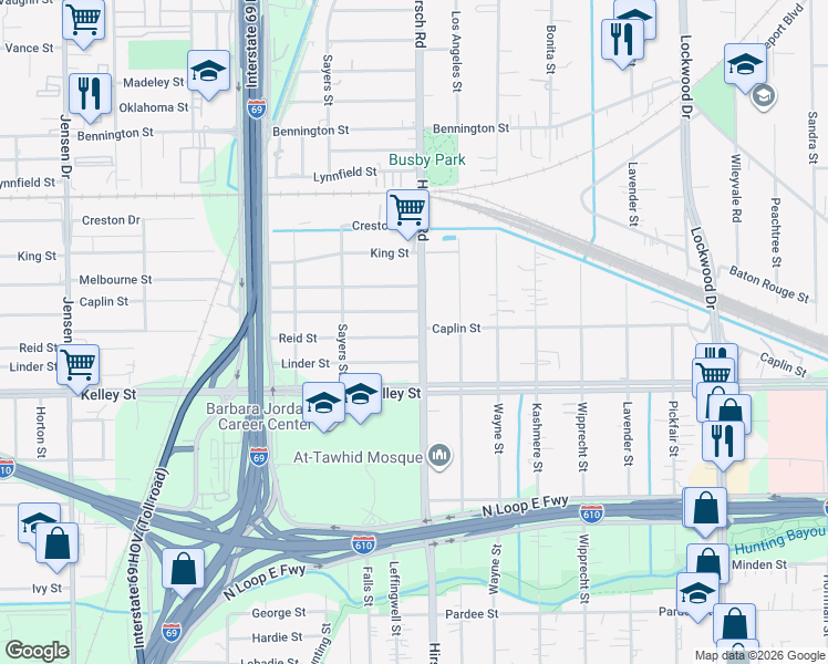 map of restaurants, bars, coffee shops, grocery stores, and more near 4117 Reid Street in Houston