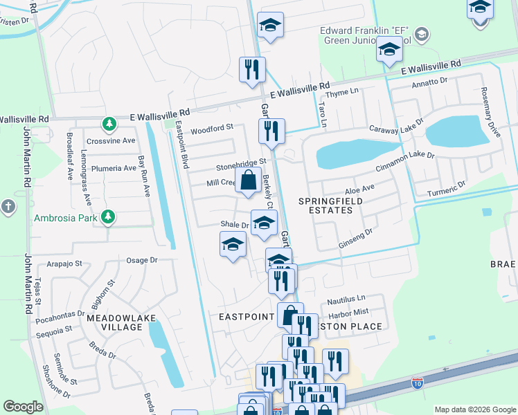 map of restaurants, bars, coffee shops, grocery stores, and more near 8007 Berkely Court in Baytown