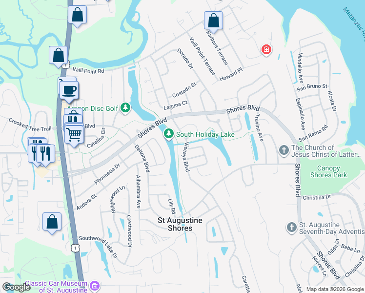 map of restaurants, bars, coffee shops, grocery stores, and more near 899 Viscaya Boulevard in St. Augustine