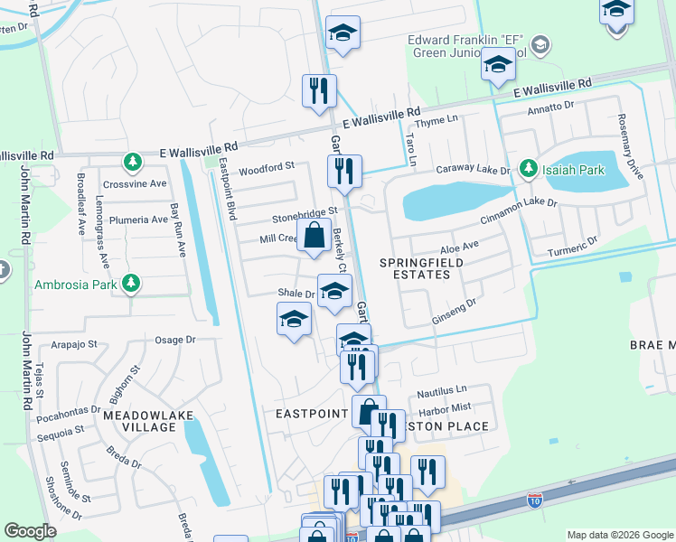 map of restaurants, bars, coffee shops, grocery stores, and more near 8003 Berkely Court in Baytown