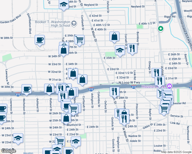 map of restaurants, bars, coffee shops, grocery stores, and more near 414 E 32nd St in Houston