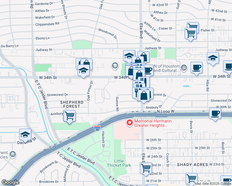 map of restaurants, bars, coffee shops, grocery stores, and more near 1734 Stonecrest Drive in Houston