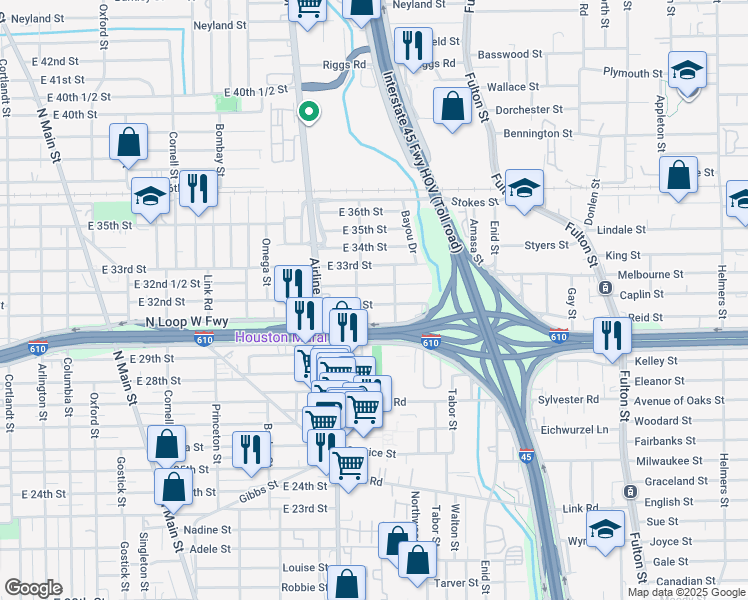 map of restaurants, bars, coffee shops, grocery stores, and more near 1415 East 31st Street in Houston