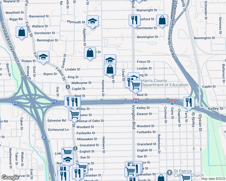 map of restaurants, bars, coffee shops, grocery stores, and more near 522 Caplin Street in Houston