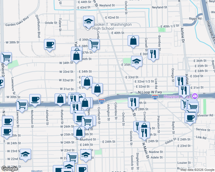 map of restaurants, bars, coffee shops, grocery stores, and more near 310 East 32nd Street in Houston