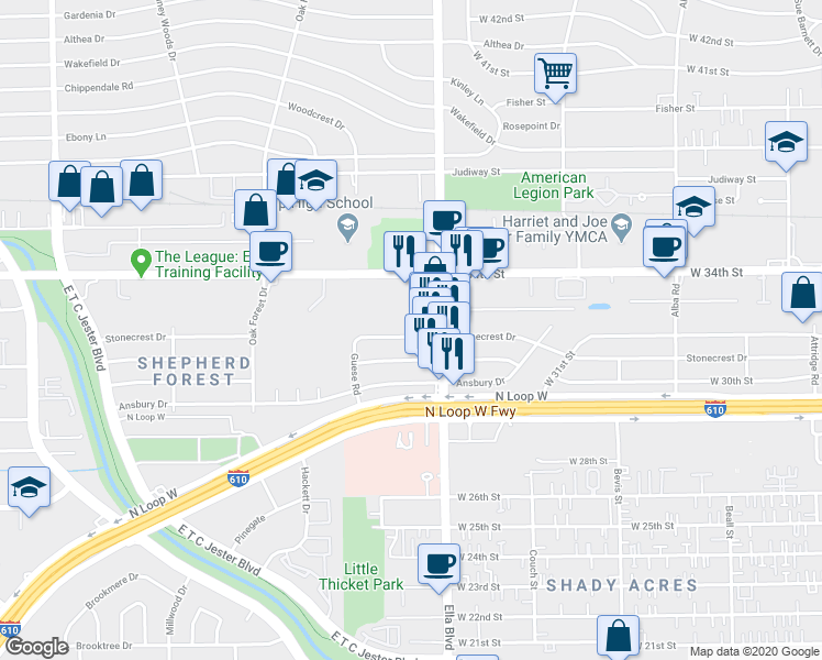 map of restaurants, bars, coffee shops, grocery stores, and more near 1626 Stonecrest Drive in Houston