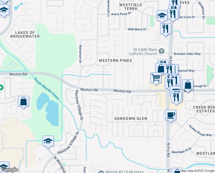 map of restaurants, bars, coffee shops, grocery stores, and more near 3110 Silver Cedar Trail in Katy