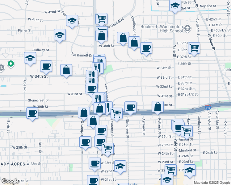 map of restaurants, bars, coffee shops, grocery stores, and more near 523 West 32nd Street in Houston