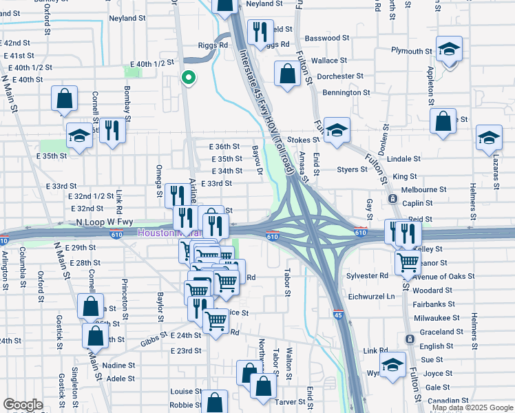 map of restaurants, bars, coffee shops, grocery stores, and more near 1511 East 31st Street in Houston