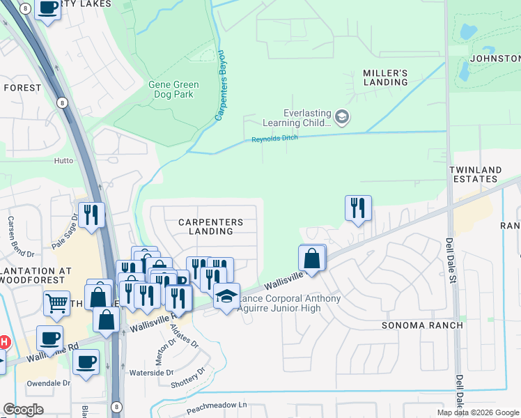 map of restaurants, bars, coffee shops, grocery stores, and more near 6142 Hyacinth Path Way in Houston