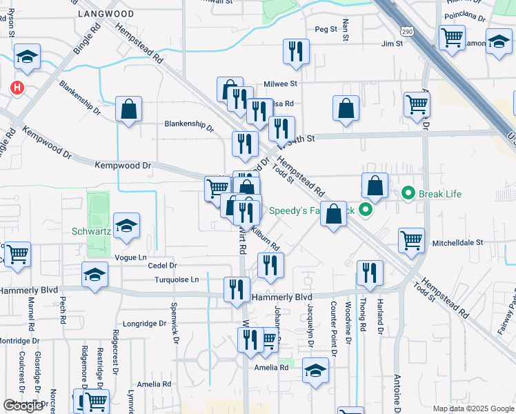 map of restaurants, bars, coffee shops, grocery stores, and more near 11615 Shoshone Road in Houston