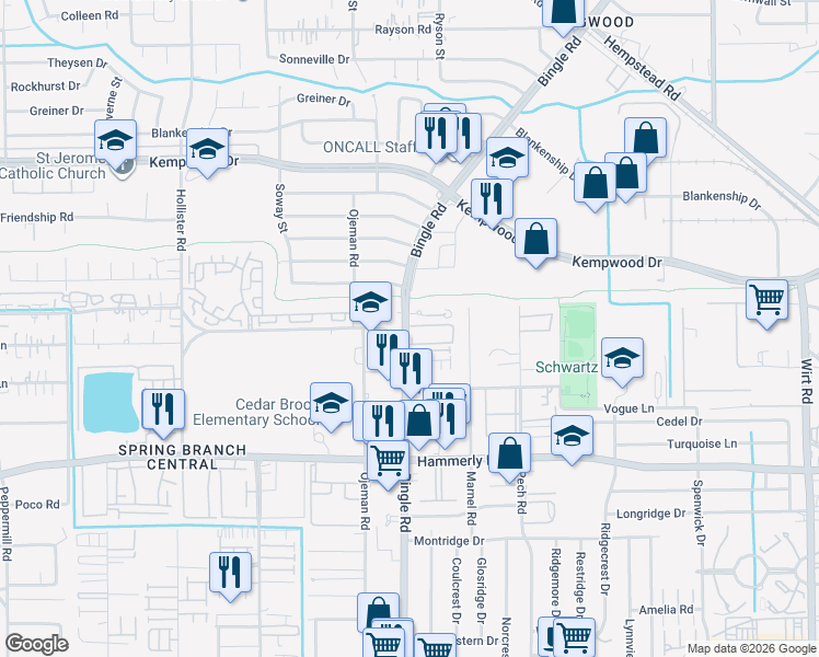 map of restaurants, bars, coffee shops, grocery stores, and more near 2214 Bingle Road in Houston