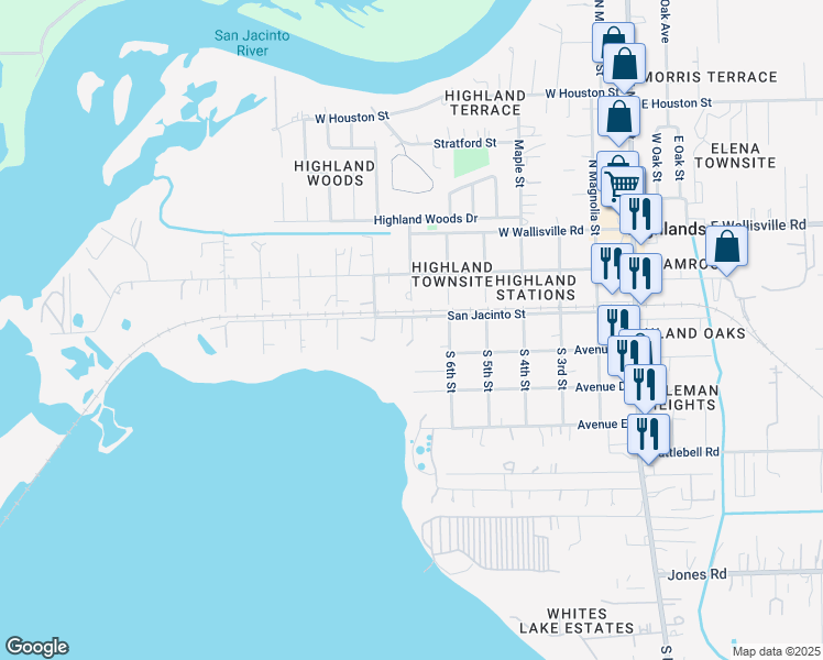 map of restaurants, bars, coffee shops, grocery stores, and more near 615 San Jacinto Street in Highlands
