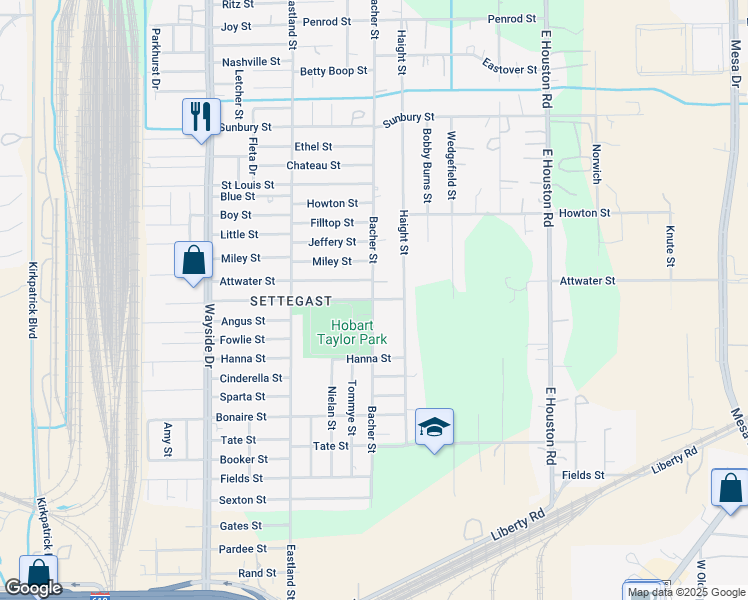 map of restaurants, bars, coffee shops, grocery stores, and more near 8205 Kenton Street in Houston