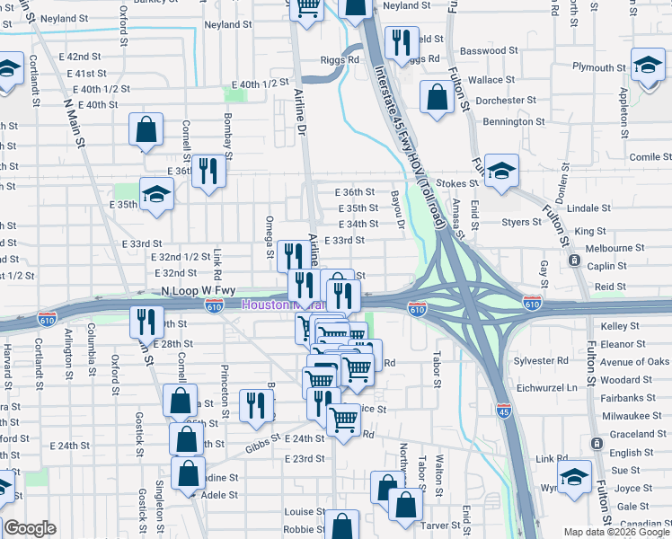 map of restaurants, bars, coffee shops, grocery stores, and more near 1316 East 32nd 1/2 Street in Houston