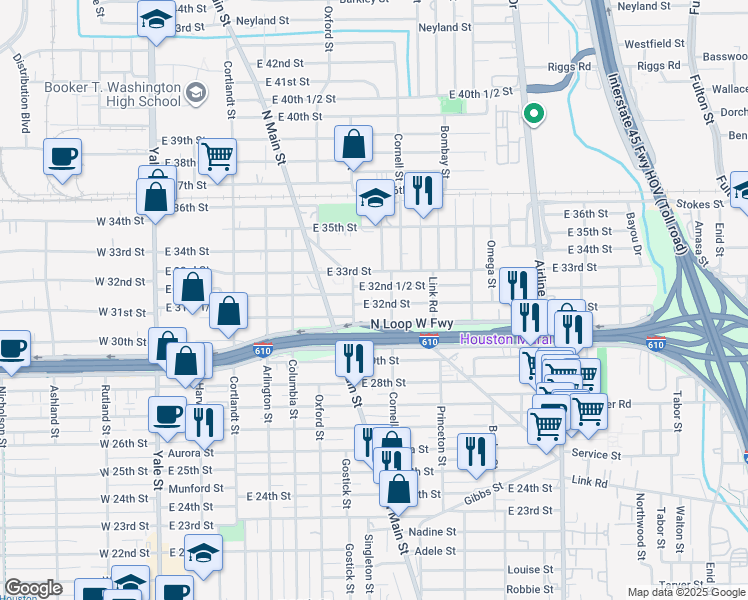 map of restaurants, bars, coffee shops, grocery stores, and more near 729 East 32nd Street in Houston