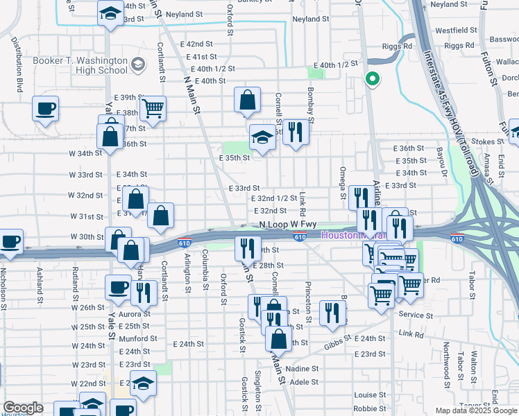 map of restaurants, bars, coffee shops, grocery stores, and more near 729 East 32nd Street in Houston