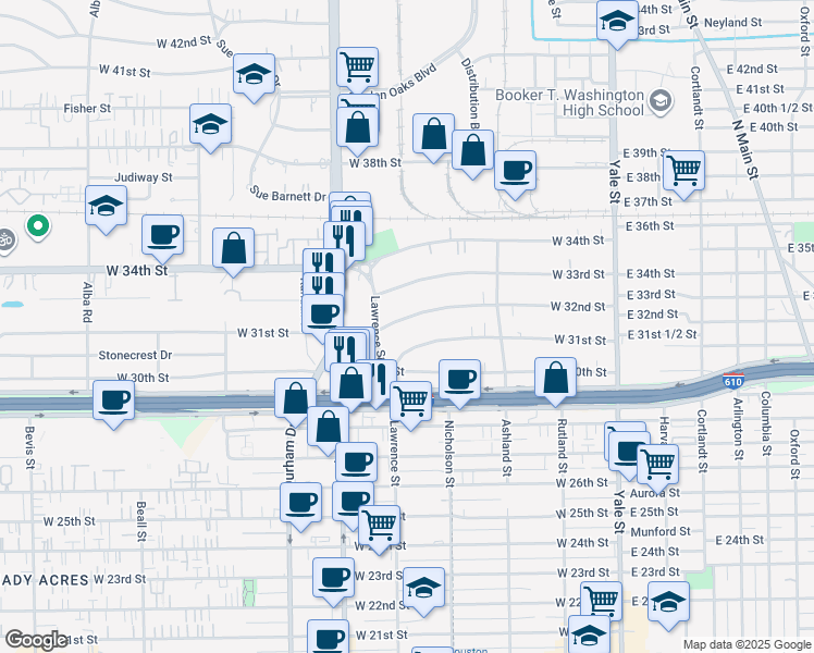 map of restaurants, bars, coffee shops, grocery stores, and more near 523 West 32nd Street in Houston