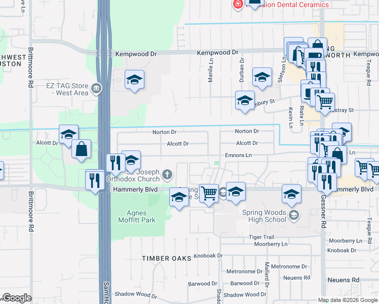 map of restaurants, bars, coffee shops, grocery stores, and more near 10542 Emnora Lane in Houston