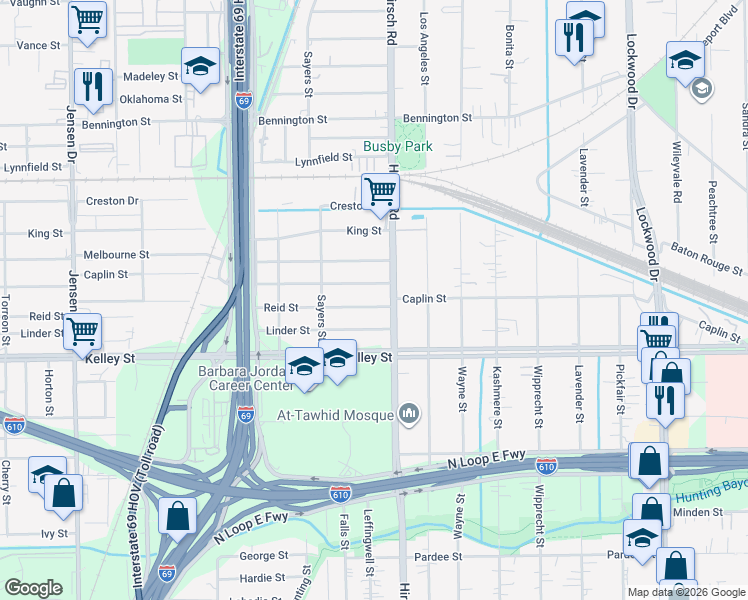 map of restaurants, bars, coffee shops, grocery stores, and more near 4117 Reid Street in Houston