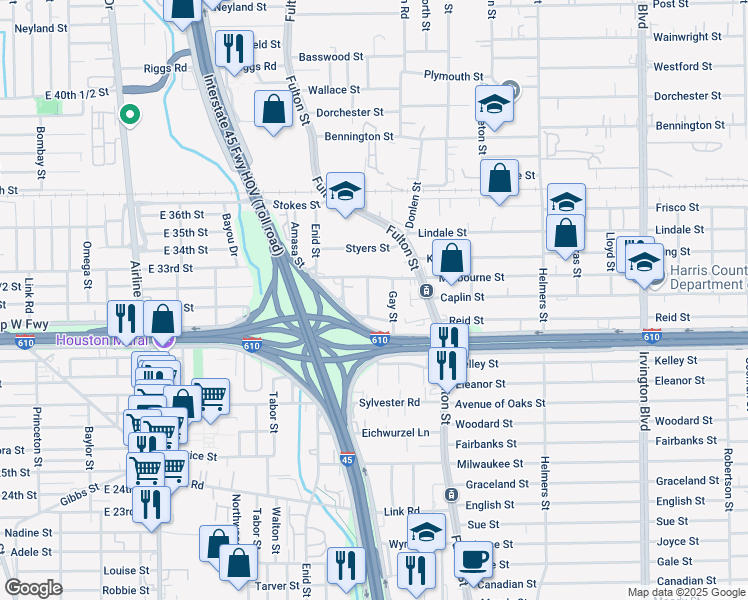map of restaurants, bars, coffee shops, grocery stores, and more near 6214 Kirkwood Street in Houston