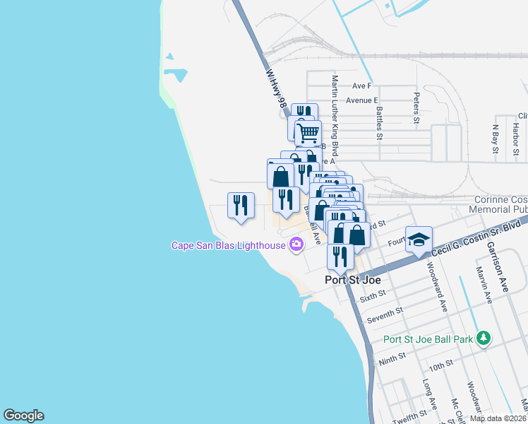map of restaurants, bars, coffee shops, grocery stores, and more near 324 Marina Drive in Port St. Joe
