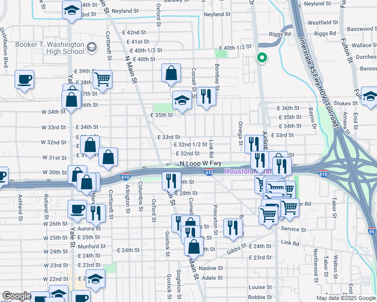 map of restaurants, bars, coffee shops, grocery stores, and more near 729 East 32nd Street in Houston