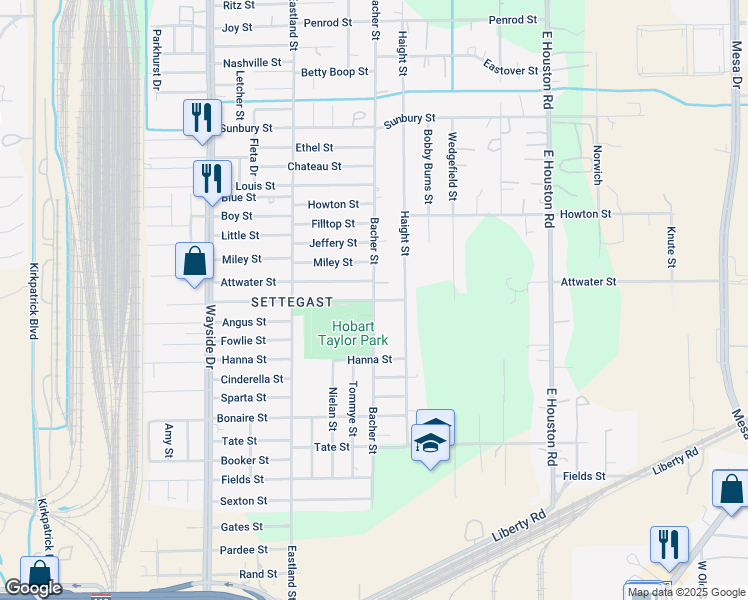 map of restaurants, bars, coffee shops, grocery stores, and more near 8205 Kenton Street in Houston