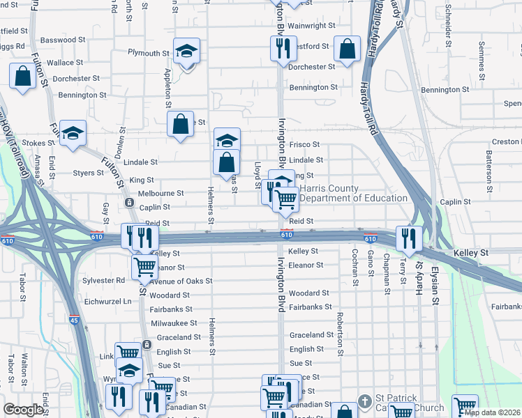 map of restaurants, bars, coffee shops, grocery stores, and more near 702 Caplin Street in Houston