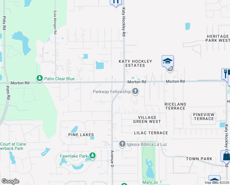 map of restaurants, bars, coffee shops, grocery stores, and more near 2915 Katy Hockley Road in Katy