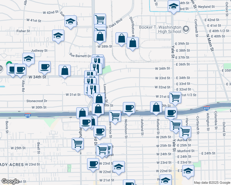 map of restaurants, bars, coffee shops, grocery stores, and more near 523 West 32nd Street in Houston