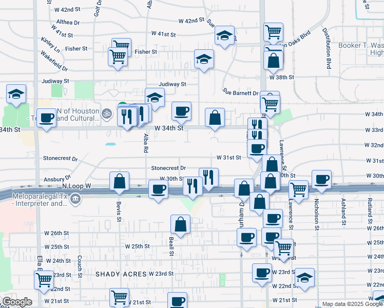 map of restaurants, bars, coffee shops, grocery stores, and more near 930 West 31st Street in Houston