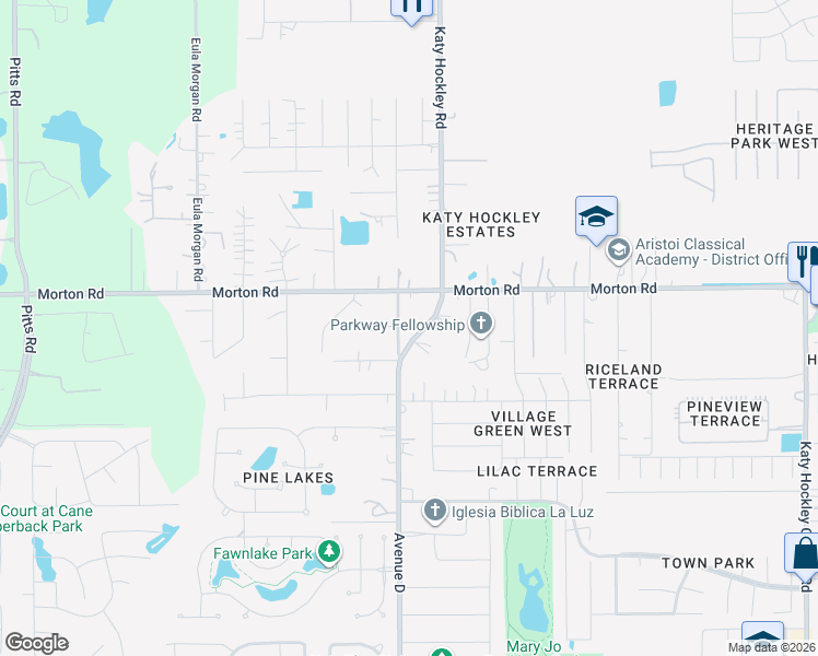map of restaurants, bars, coffee shops, grocery stores, and more near 2915 Katy Hockley Road in Katy