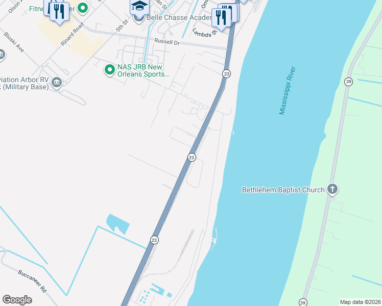 map of restaurants, bars, coffee shops, grocery stores, and more near 9990 Louisiana 23 in Belle Chasse