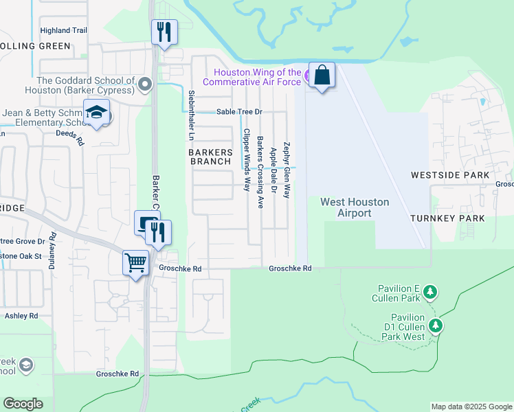 map of restaurants, bars, coffee shops, grocery stores, and more near 3227 Barkers Crossing Avenue in Houston