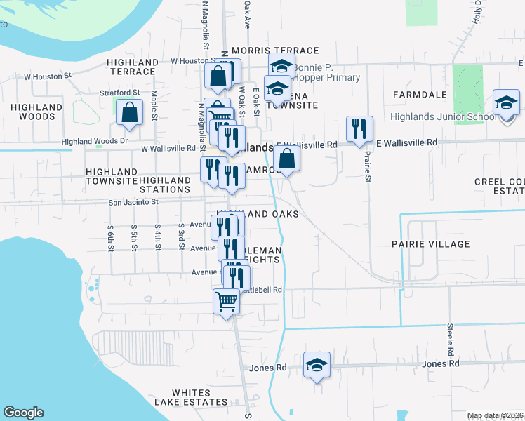 map of restaurants, bars, coffee shops, grocery stores, and more near 210 East San Jacinto Street in Highlands